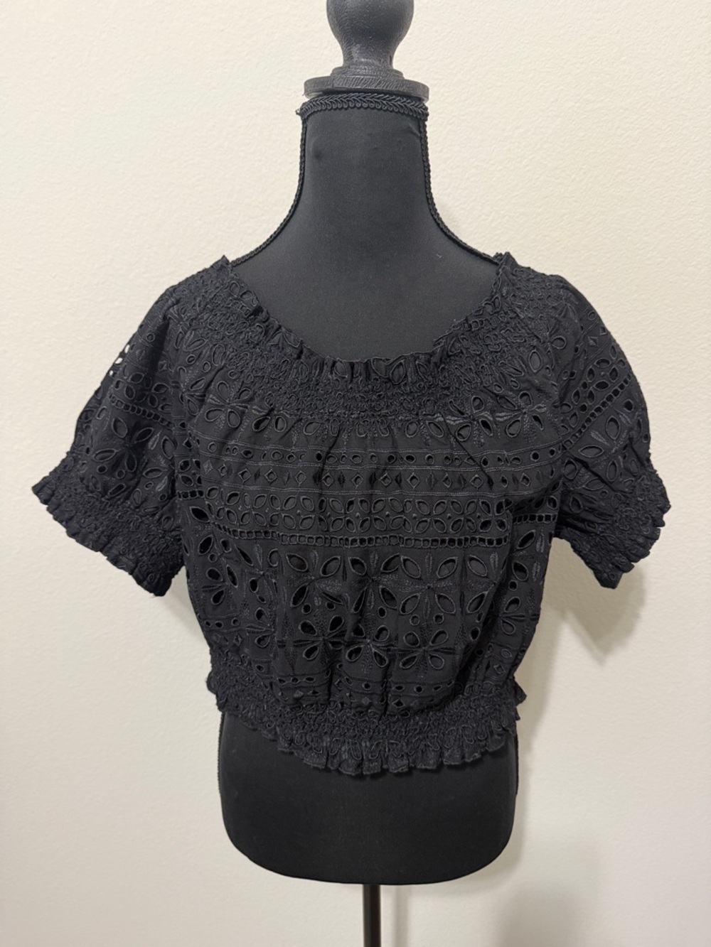 NWOT J. Crew Black Eyelet Smocked Crop Top
